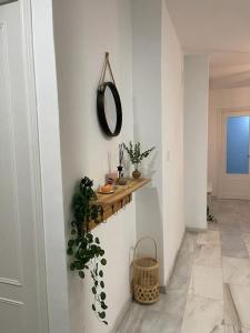 a hallway with a shelf and a mirror on the wall at Acogedor piso a un paso de Granada Capital. in Granada