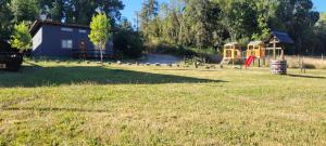 a yard with a playground and a house at Cabañas Troncos de Relin in Panguipulli