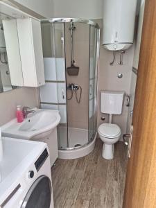 ein Bad mit einer Dusche, einem WC und einem Waschbecken in der Unterkunft Apartment Modric in Lovranska Draga