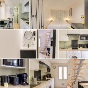 uma colagem de fotos de uma cozinha e um quarto em Tiny-duplex em Lyon