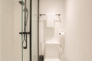 uma casa de banho com um WC e uma cabina de duche em vidro. em Tiny-duplex em Lyon