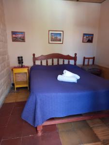 a bedroom with a blue bed with a blue blanket at Humahuaca Hostel in Humahuaca