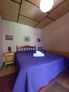 Cama grande de color púrpura en habitación con lámpara en Humahuaca Hostel en Humahuaca