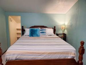 1 dormitorio con 1 cama grande y paredes azules en Juneau Cabin near Eaglecrest & Trails en Juneau