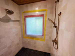 a bathroom with a shower with a window and a shower curtain at Juneau Cabin near Eaglecrest & Trails in Juneau