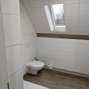 a white bathroom with a toilet and a window at Haus Irma in Hemmingstedt