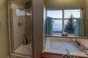 baño con bañera y ducha y ventana en Juneau Oceanfront Home Overlooking Auke Bay en Mendenhaven