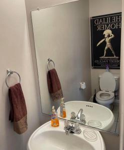 La salle de bains est pourvue d'un lavabo et d'un miroir. dans l'établissement Urban Adventure Townhome - Near Downtown Atlanta, à Atlanta