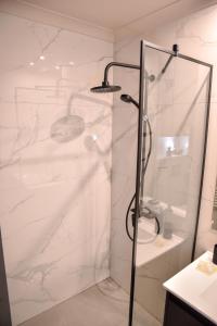 een douche met een glazen deur in een badkamer bij Park Hotel Plovdiv in Plovdiv