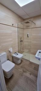 a bathroom with a toilet and a shower and a sink at Gavilanes 2 TOLEDO in Toledo