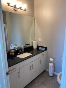 a bathroom with a sink and a large mirror at Spacious Getaway near UTRGV in Edinburg +18 photos
