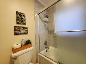a bathroom with a shower and a toilet with a glass door at Updated Duplex with Mountain & Filtered Water View in Juneau
