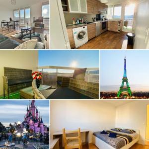 大諾瓦西的住宿－L'Appart Passerelle Paris et Disney - Cozy Houses，照片与艾菲尔铁塔相拼合