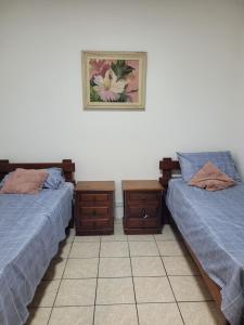 twee bedden in een kamer met een foto aan de muur bij Pousada da Sissi in Itanhaém