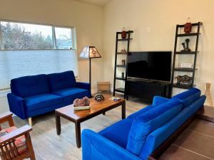 a living room with blue couches and a tv at Brand new everything home! in Sandpoint