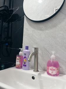 um lavatório de casa de banho com duas garrafas de sabão e um espelho em Room with PrivateBathroom, Projector, KSL Mall em Johor Bahru