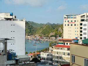 Blick auf eine Stadt mit Gebäuden und Hafen in der Unterkunft Cat Ba Violet Hotel in Cát Bà