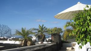 un patio con una sombrilla blanca y palmeras en Ferienhaus aus zwei Wohneinheiten bestehend mit beheiztem Pool und Terrasse - b44101, en Playa Blanca