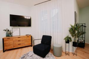 ein Wohnzimmer mit einem Stuhl und einem TV an der Wand in der Unterkunft Schicke Ferienwohnung mit direkter Innenstadtlage in Bingen am Rhein