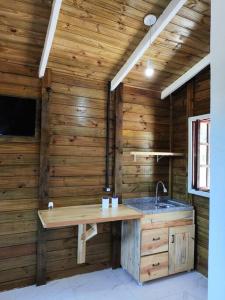 ein Badezimmer mit einem Waschbecken und einer Holzwand in der Unterkunft Casa - Chalé da praia in Pontal do Paraná