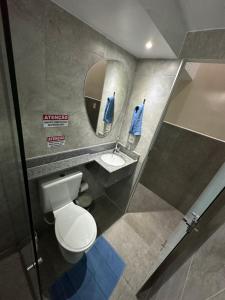 a bathroom with a toilet and a sink and a mirror at Quarto privativo com banheiro compartilhado,a 800mts do pátio do forró in Caruaru +11 photos
