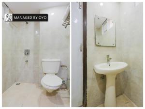 two pictures of a bathroom with a toilet and a sink at Super OYO Chand Palace - Managed by Company in New Delhi