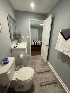 a bathroom with a white toilet and a sink at Cozy Home w/Deck & Fire Pit! in Greensboro