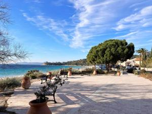 a row of benches on a sidewalk near the water at Appartement Le Lavandou, 2 pièces, 6 personnes - FR-1-251-546 in Le Lavandou