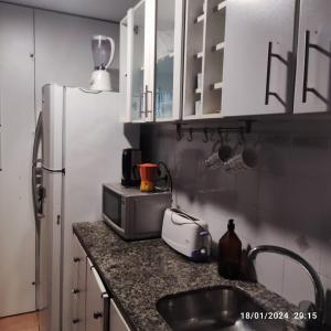 um balcão de cozinha com um lavatório e um frigorífico em Inmejorable salto centro em Salto