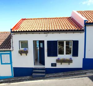 a blue and white house with windows and flowers at Casa Da Praia in Porto Formoso