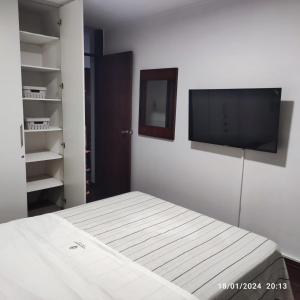 een slaapkamer met een bed en een flatscreen-tv bij Espectacular salto centro in Salto