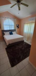 Finest Accommodation Caribbean Estate Lot 78 في بورتمور: غرفة نوم بسرير ومروحة سقف