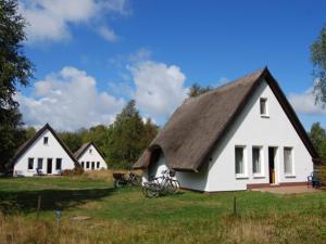 zwei weiße Cottages mit Fahrrädern auf einem Feld in der Unterkunft Doppelhaushälfte in Vitte auf Hiddensee in Vitte