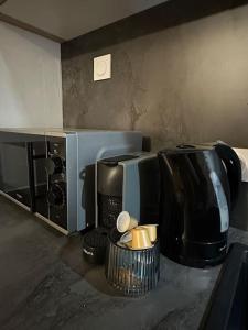 - un comptoir de cuisine avec une cafetière et un four micro-ondes dans l'établissement Studio « Le petit montagnard », à Malbuisson