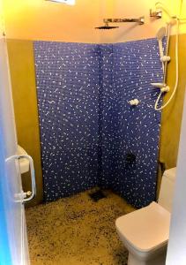 a bathroom with a blue and white shower with a toilet at Villa Fernando Resort in Chilaw