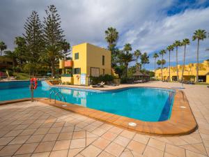 una grande piscina in un resort con palme di Casa Tindaya - 5 min walk from the Sea a Corralejo