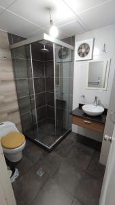 a bathroom with a shower and a toilet and a sink at Sopocachi BnB - Chic Apartment in La Paz
