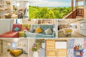 un collage de photos d'un salon et d'une cuisine dans l'établissement Mélo Appart avec sa terrasse spacieuse et vue entre Mer & montagne, à Sainte-Marie