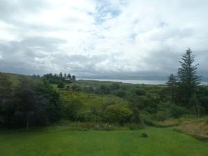 a green field with trees and a cloudy sky at Kilchoan Hotel in Kilchoan