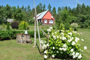 een tuin met een rood huis en witte bloemen bij Brīvdienu māja Skerškāni in Krāslava