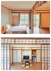 a bedroom and a room with a bed and a tv at 知本富爺飯店Chihpen Fuye Hotel in Wenquan