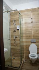 a bathroom with a shower and a toilet at Saraishyq Hotel in Almaty