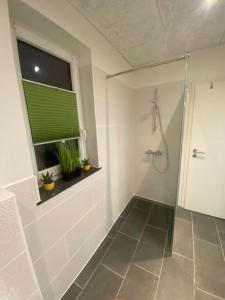 a bathroom with a shower and a window with plants at NEU! Modernes Ferienhaus Schwanbeck in Dassow