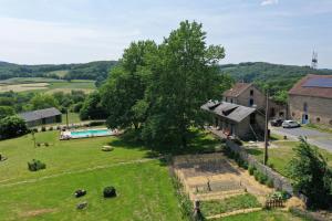 an aerial view of a farm with a tree and a pool at Maison d'hôtes Ourdeaux et Gite Chez Rouchon in Alleyrat