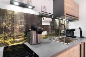 eine Küche mit einer Spüle und einer Theke in der Unterkunft Schwarzwald Chalet Achern in Achern