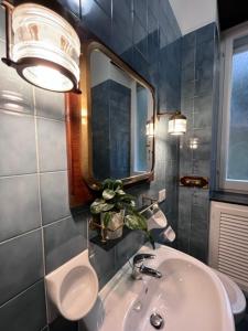 łazienka z umywalką, lustrem i rośliną w obiekcie LaMarina w mieście Camogli