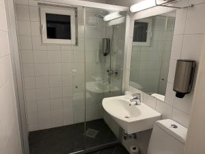 a bathroom with a sink and a mirror and a toilet at Notodden Hotel in Notodden