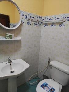 ein Badezimmer mit einem WC, einem Waschbecken und einem Spiegel in der Unterkunft Phanh Tha Sone House in Luang Prabang