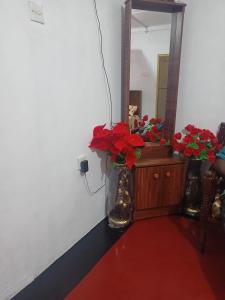 a vase filled with red flowers sitting next to a mirror at Dilani Adamspeak RiverStay in Nallathanniya