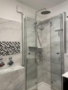 una ducha con puerta de cristal en un baño en Luxus Ferienwohnung Kaminzeit, en Goslar